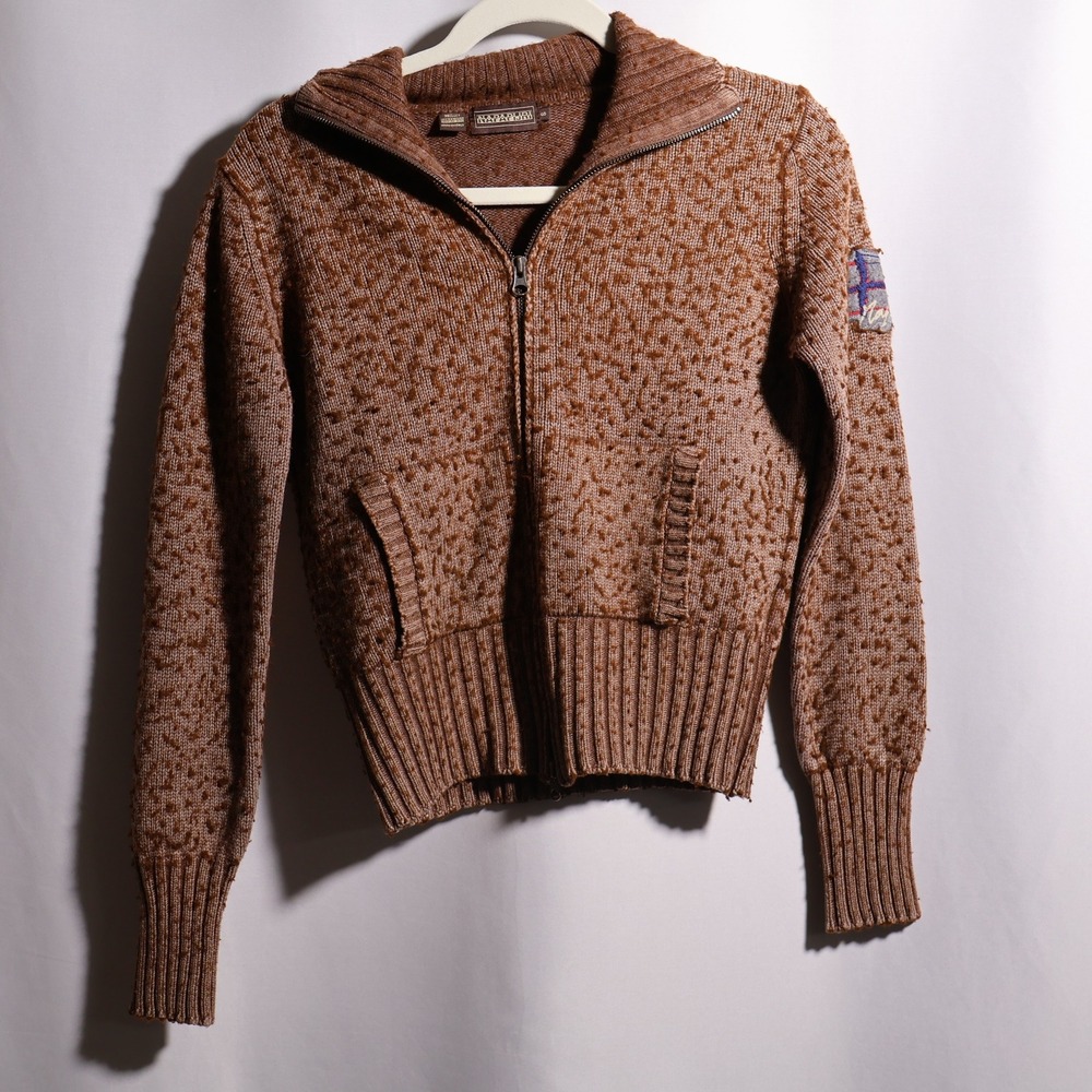 Napapijri Brown Wool Blend Zip Cardigan Sweater Italy Made Womens S Academia